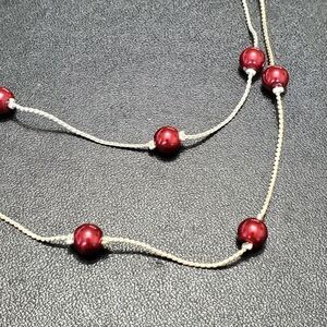 Silver tone double strand red bead necklace 18-21"